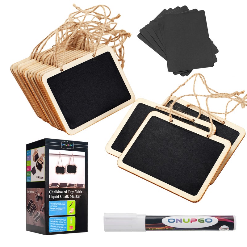 ONUPGO 16 Pack Chalkboard Tags for Baskets with String, Mini Erasable Chalkboards with Hanging String, Wooden Mini Chalkboard Signs, Hanging Chalkboard Labels, Price Tags, Message Tags - Image 1